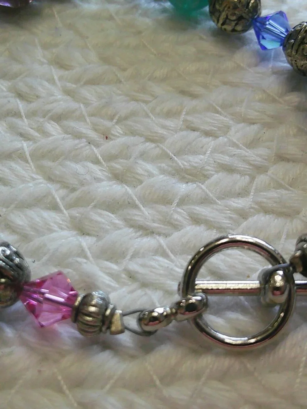 Whimsical MULTI COLORED GLASS & CRYSTAL BEADS Handmade Silver Bracelet #107F